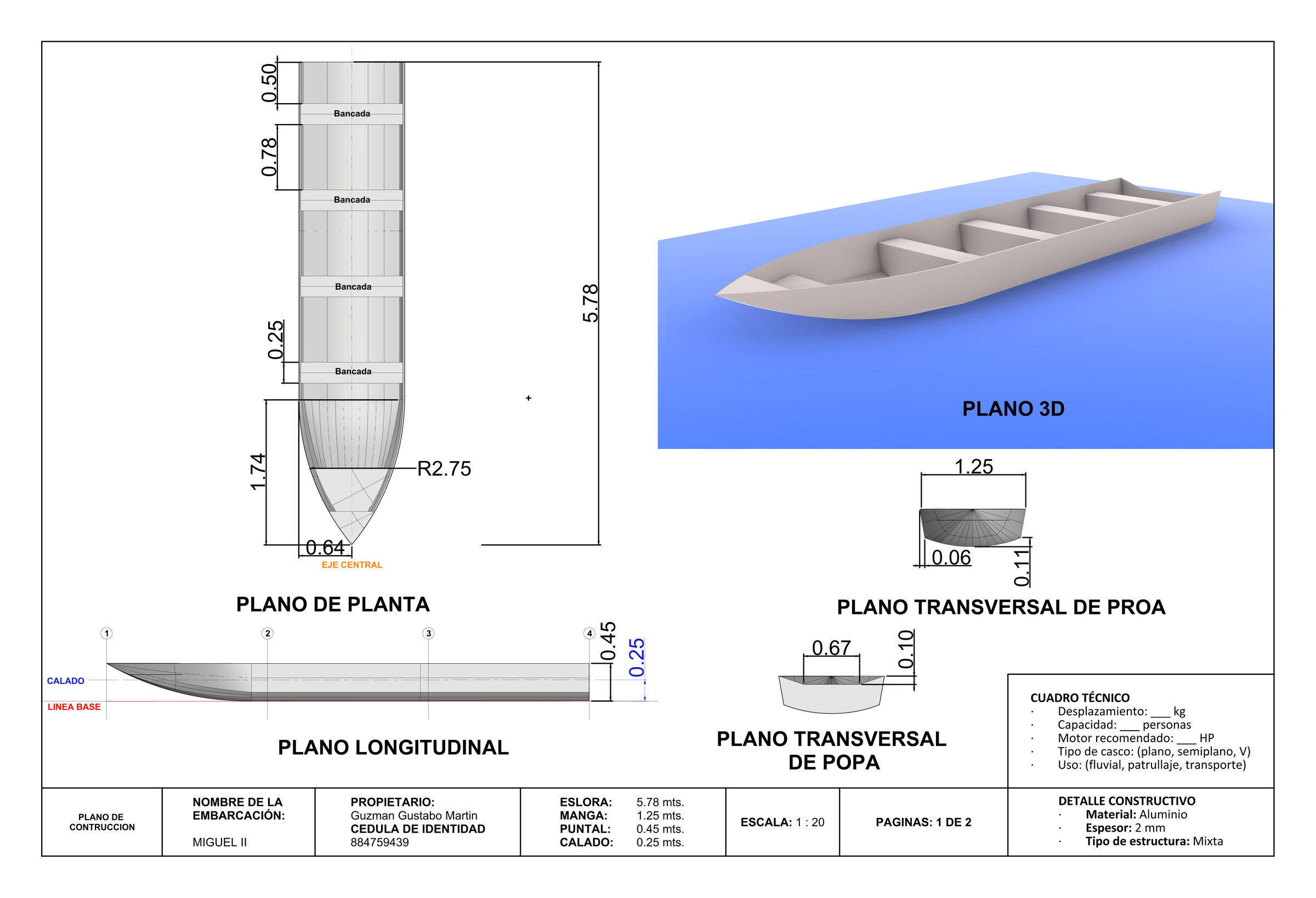Plano de construcción de embarcación fluvial – ejemplo de dibujo técnico de TecnoFluvial
